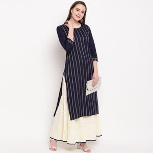 Winning Navy Blue Color Rayon Striped Full Stitched Sharara Fancy Kurti For Women VAIKUNTH120A