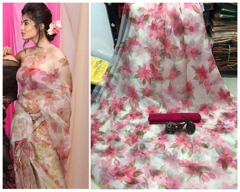 Pink Color Designer Organza Digital Printed Saree Blouse For Wedding Wear