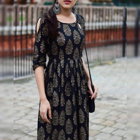 Black Rayon Printed Full Stitched Kurti For Party Wear MINIAB182A