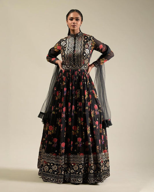 Black Color Stitched Georgette Embroidered Gown