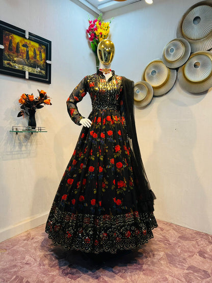 Black Color Stitched Georgette Embroidered Gown