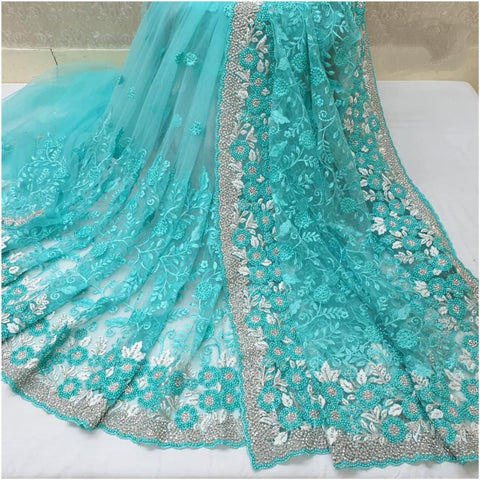 Preferable Sky Blue Color Soft Net Embroidered Motti Ceramic Jarkhand Work Saree Blouse For Wedding Wear