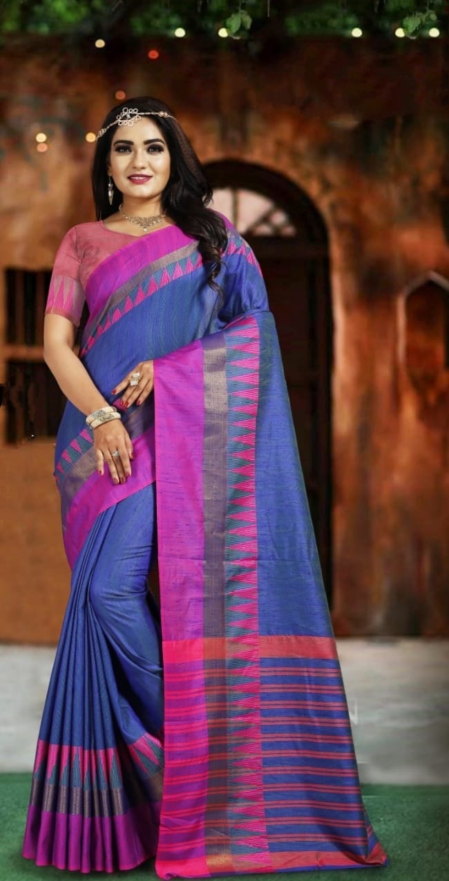 Grape Color Festive Wear Cotton Silk Printed Border Saree Blouse For Women