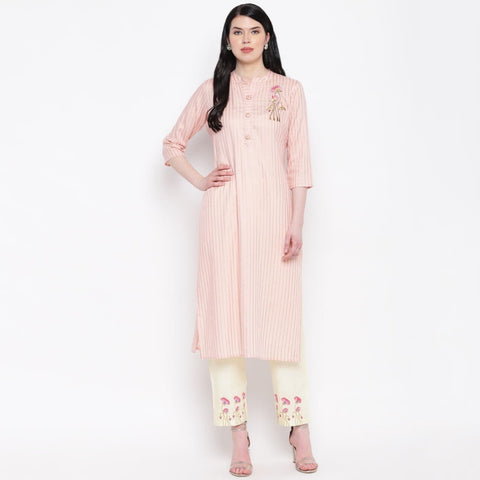 Trendy Peach Color Ready Made Rayon Embroidered Work Festive Wear Kurti Pent Set For Women