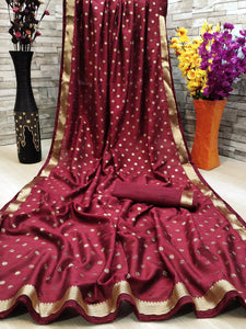 Tremendously Maroon Color Designer Vichitra Silk Ton To Ton Jacquard Banglori Piping Lace Foil Work Saree Blouse For Party Wear