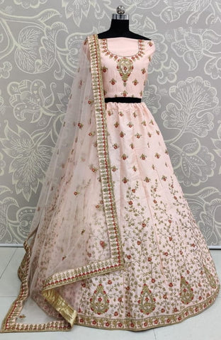 Peach Pink Color Designer Malai Satin Multi Embroidered Thread Diamond Work Lehenga Choli