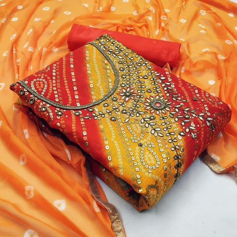Ocher Color Banarasi Silk Bandhej Foil Hand Work Designer Salwar Suit For Function Wear