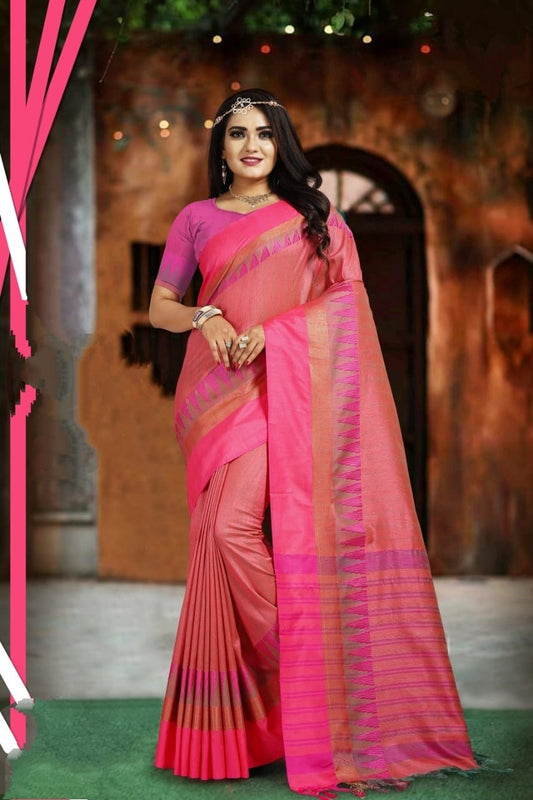 Ruby Color Designer Printed Border Cotton Silk Saree Blouse For Party Wear