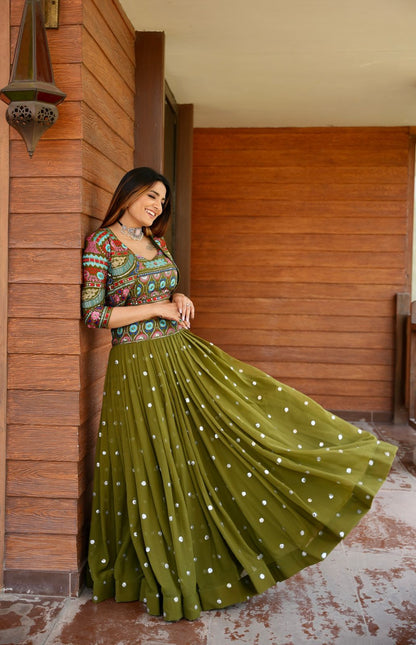 Party Wear Green Color Stitched Embroidered Lehenga With Koti