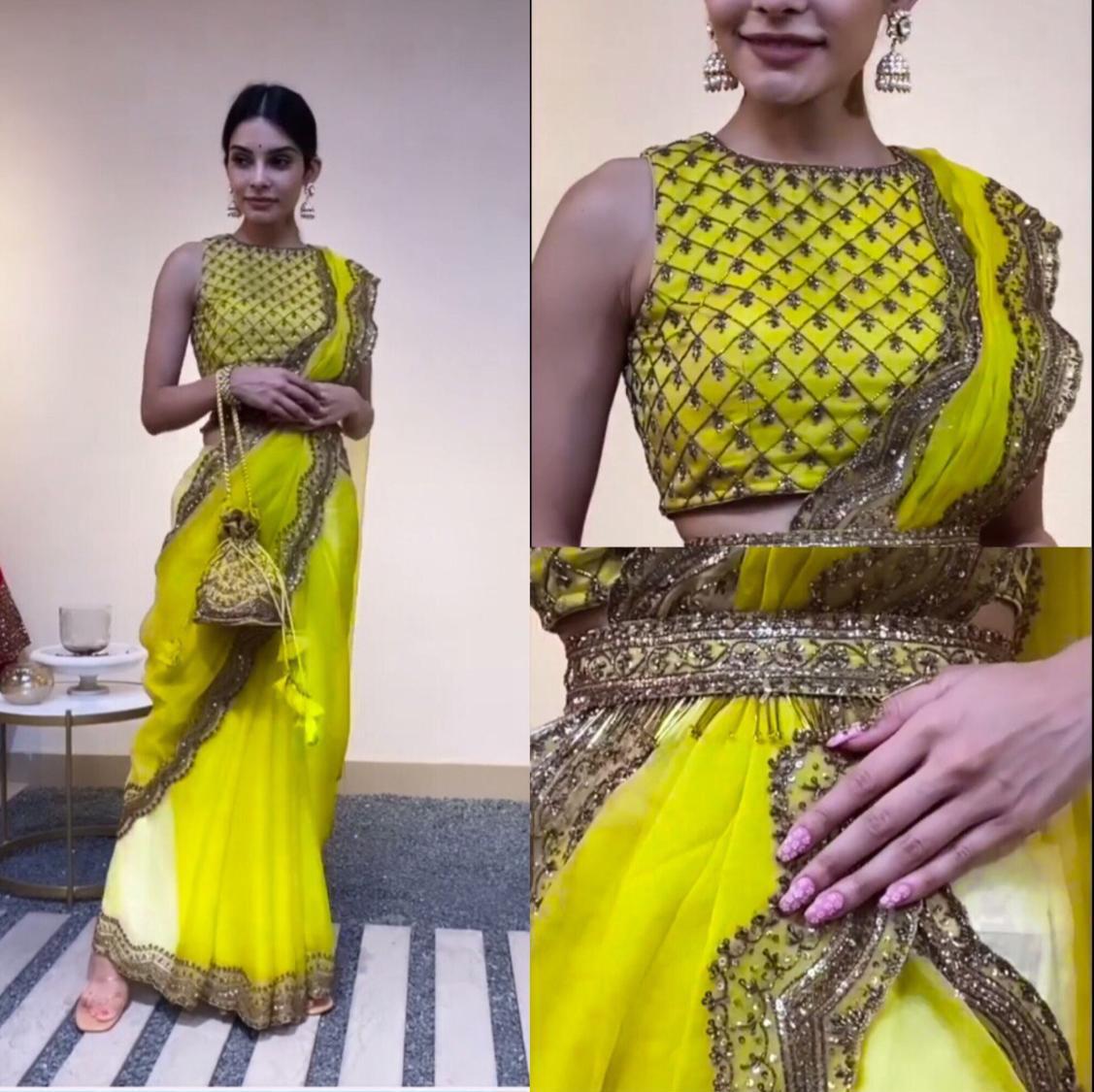 Green color Oraganza Silk Belt Style Saree With Blouse
