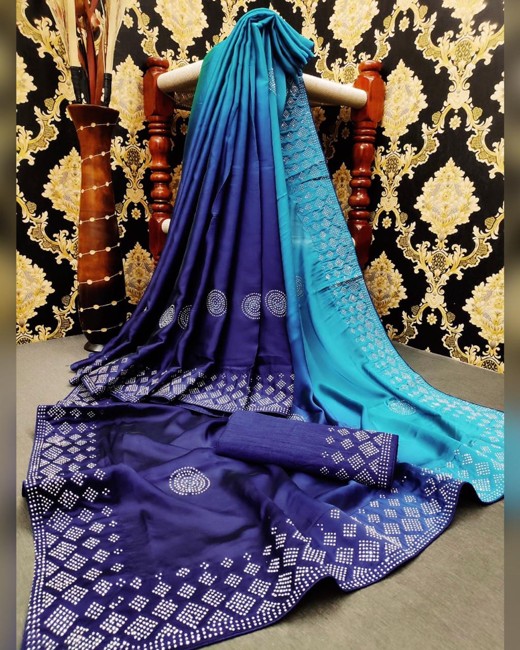 Sizzling Sky Blue Color Designer Party Wear HB Diamond Stone Machine Work Satin Silk Saree Blouse