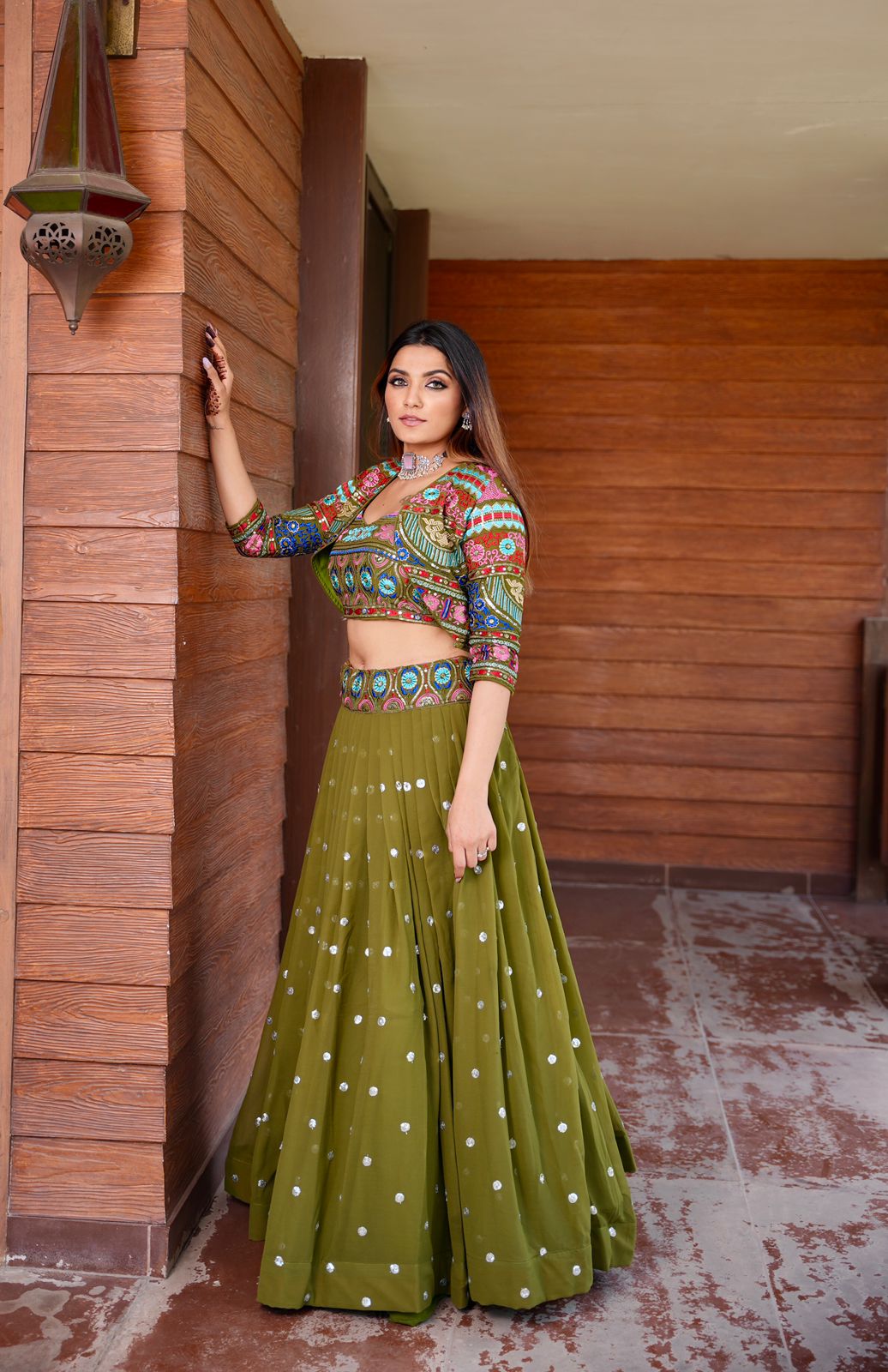 Party Wear Green Color Stitched Embroidered Lehenga With Koti