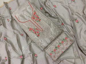 Fossil Color Chinon Designer Embroidered Diamond Sequence Work Salwar Suit For Wedding Wear