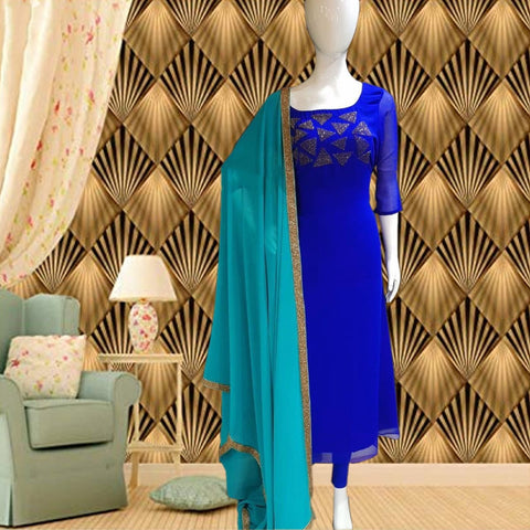 Party Wear Royal Blue Color Faux Georgette Diamond Work Ready Made Salwar Suit