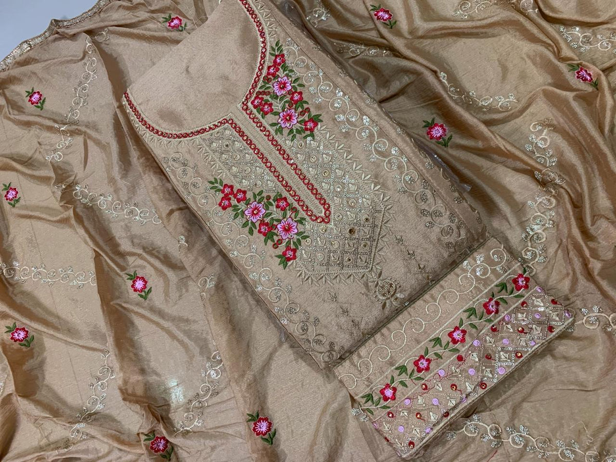 Tortilla Color Fancy Embroidered Diamond Sequence Work Chinon Salwar Suit For Festive Wear