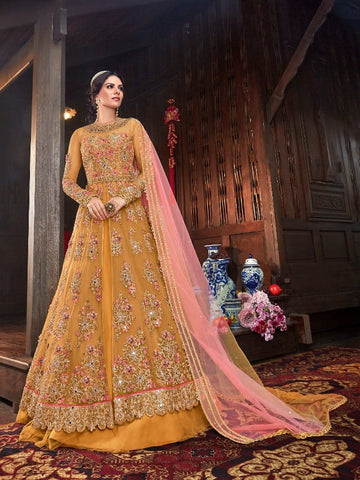 Ochre Color Designer Heavy Butterfly Net  Multi Zari Sequence Codding Embroidered Stone Mirror Work Salwar Suit For Festive Wear
