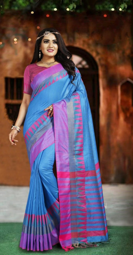Azure Color Cotton Silk Fancy Printed Border Saree Blouse For Party Wear
