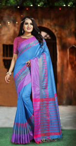 Azure Color Cotton Silk Fancy Printed Border Saree Blouse For Party Wear