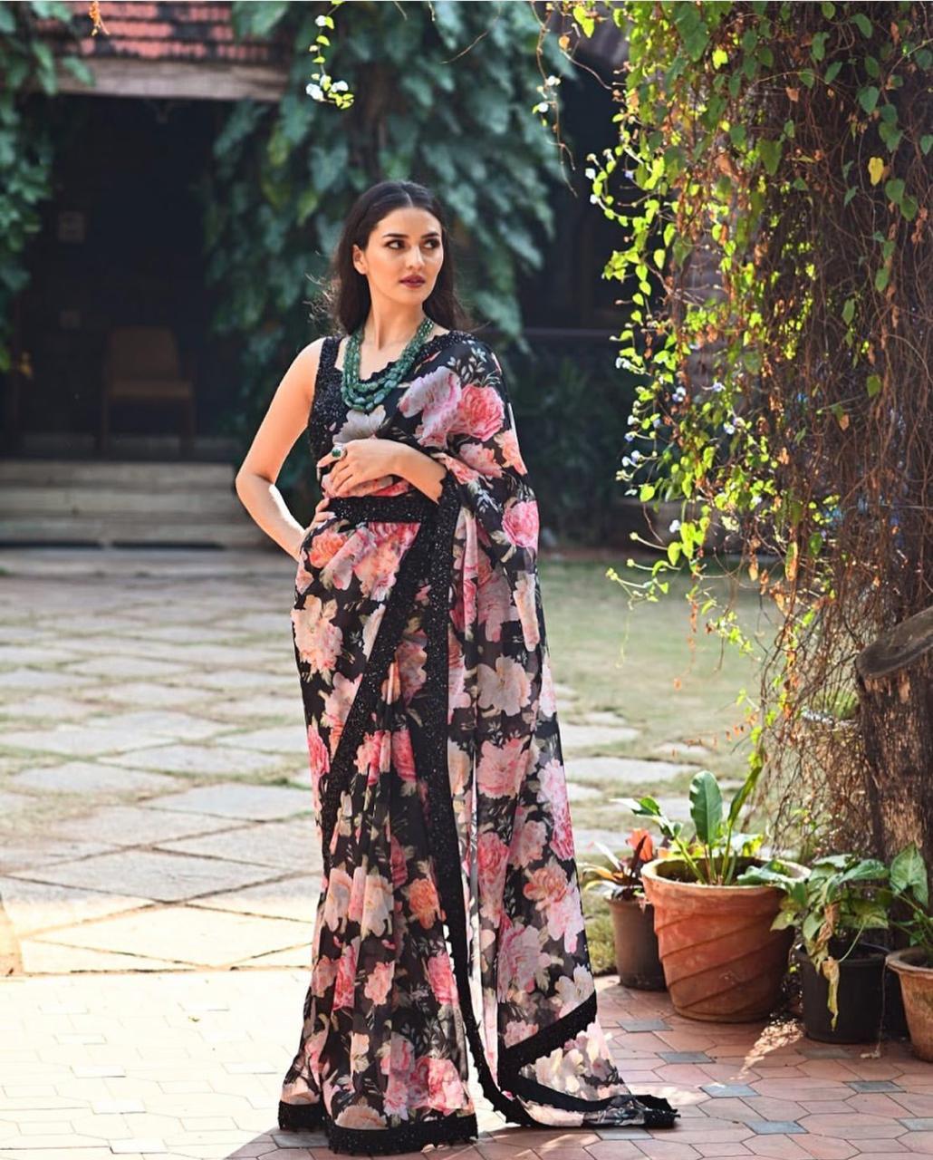 Black Color Designer Heavy Georgette Digital Printed Sequence Work Lace Saree Blouse For Festive Wear