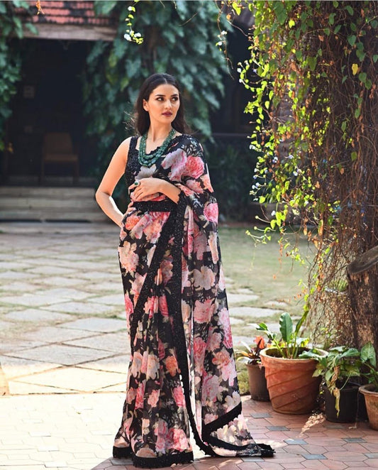 Black Color Designer Heavy Georgette Digital Printed Sequence Work Lace Saree Blouse For Festive Wear