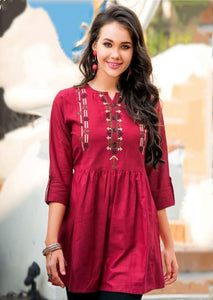 Party Wear Maroon Color Designer Embroidered Work Jam Cotton Full Stitched Top For Women