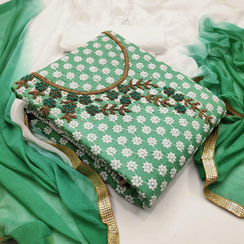 Jade Color Khatli Shifli Embroidered Cotton Festive Wear Salwar Suit For Women