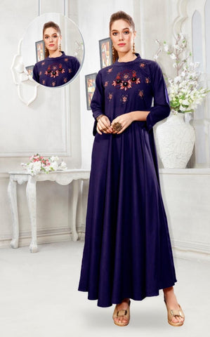 Pretty Color Rayon Cotton Thread Hand Work Full Stitched Gown For Women