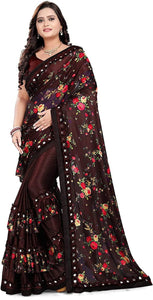 Opulent Brown Color Wedding Wear Lycra Silk Blend Digital Printed Saree Blouse For Women