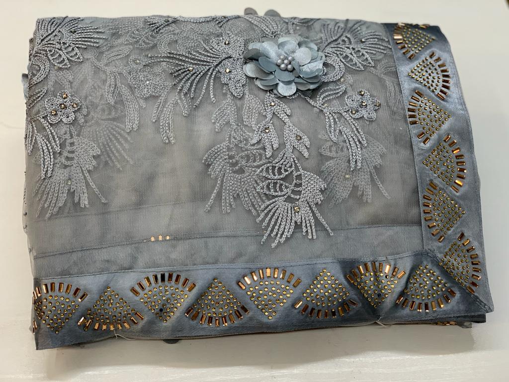 Iron Grey Color Designer Soft Net Fancy Rubin Work Flower With Hot Fix Diamond Border Saree Blouse For Wedding Wear