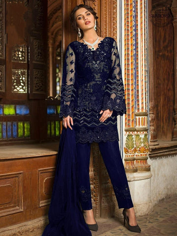 Navy Blue Color Sequence Embroidered Work Butterfly Net Salwar Suit For Women
