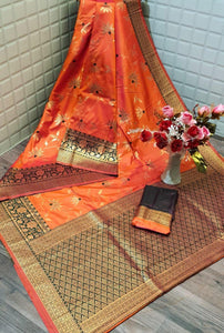 Ferrari Color Cotton Silk All Over Zari Weaving Pallu Saree Blouse For Wedding Wear