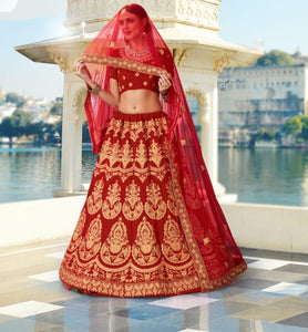 Red Color Thread Stone Coding Work Designer Velvet Lehenga Choli For Wedding Wear