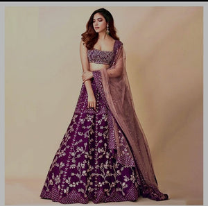 Purple color Taffeta Silk Semi Stitched Lehenga Choli