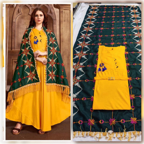 Wonderful Yellow Color Full Stitched Rayon Kurti With Embroidered Work Dupatta For Festive Wear