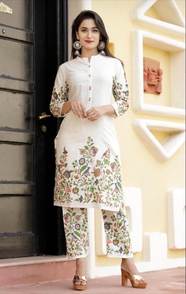 Off White Festive Wear Cotton Printed Full Stitched Kurti Plazo For Women