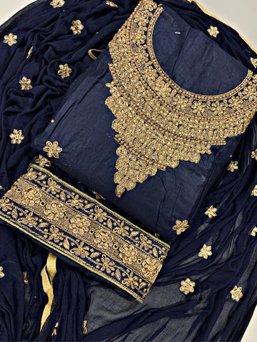 Navy Blue Color Cotton Diamond Embroidered Work Salwar Suit For Party Wear