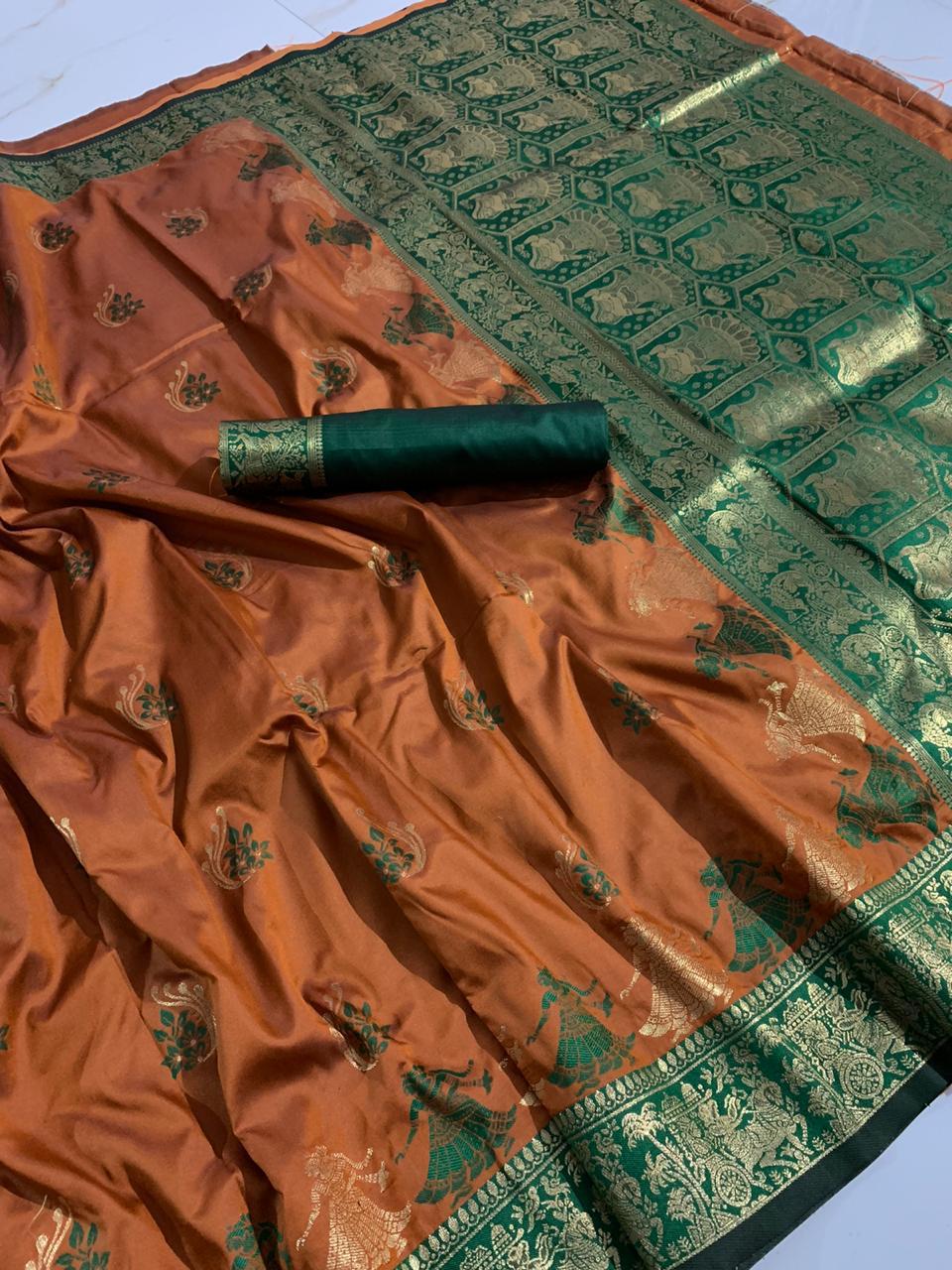 Amber Color All Over Zari Mina Weaving Work Cotton Silk Saree Blouse For Women