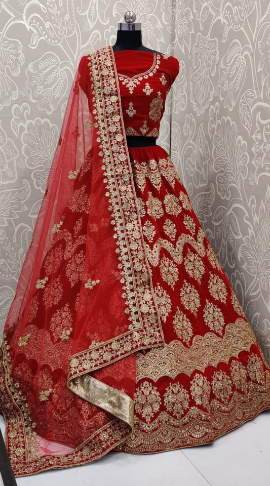 Red Color Designer Velvet Zari Sequence Diamond Embroidered Work Lehenga Choli