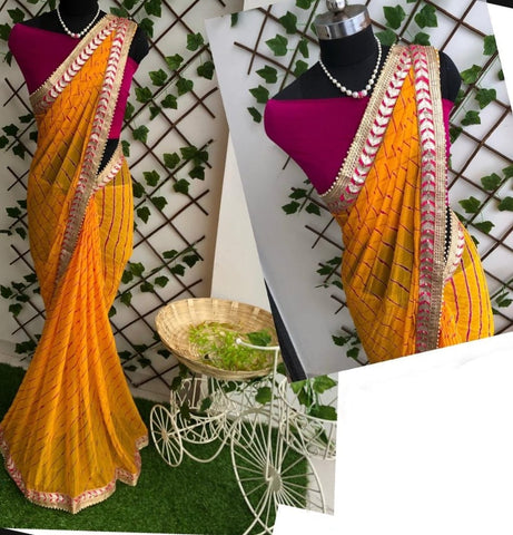 Unique Mustard Color Designer Leheriya Nazmin Beautiful Gotta Patti Work Saree Blouse For Wedding Wear