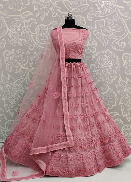 Pink Color Bridal Wear Net Embroidered Multi Resham Thread Work Lehega Choli