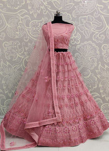 Pink Color Bridal Wear Net Embroidered Multi Resham Thread Work Lehega Choli