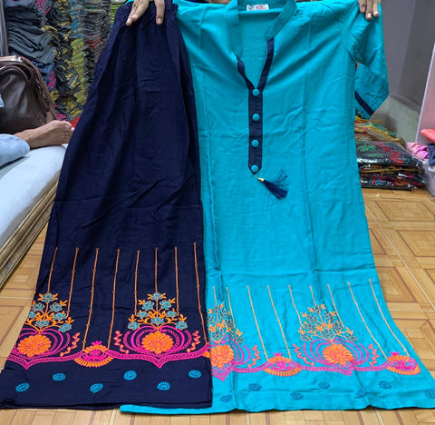 Azure Color Cotton Rayon Thread Embroidered Ton To Ton Work Full Stitched Plazo Kurti