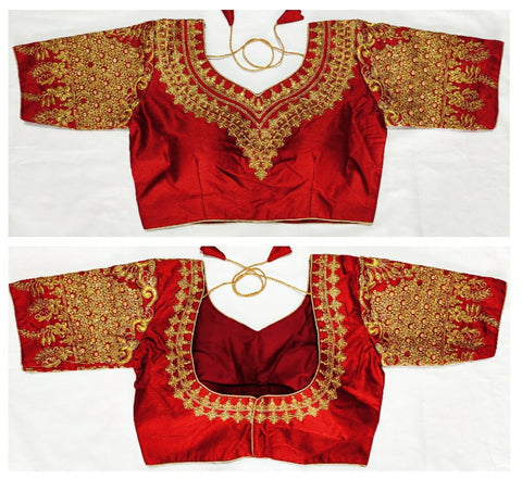 Barn Red Color Designer Malbari Silk Embroidered Pearl Moti Work Full Stitched Blouse For Party Wear