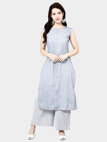 Grey Colored Cotton Printed Plazo Kurti Set For Women VT3095105A