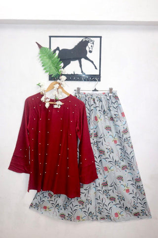 Barn Red Color Festive Wear Rayon Moti Work Skirt Top For Festive Wear