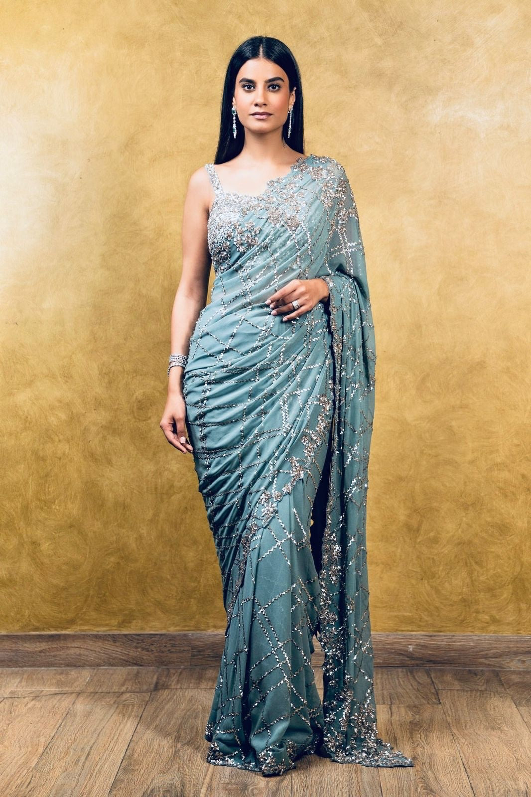 Winning Light Blue Color Georgette Sequence Work Saree Blouse
