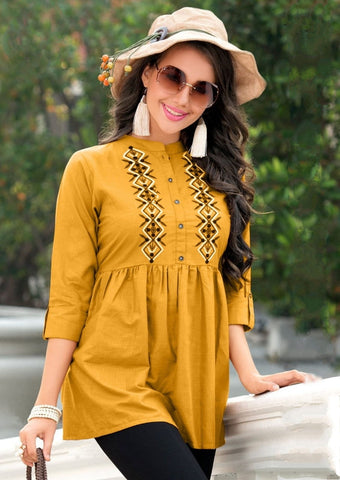 Charming Mustard Color Full Stitched Party Wear Cotton Fancy Embroidered Work Top For Women