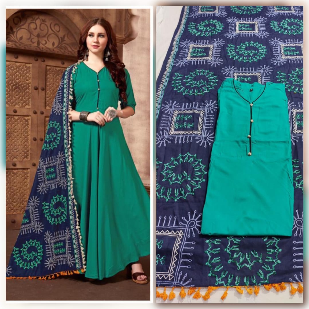 Sensational Rama Color Full Stitched Rayon Kurti With Designer All Over Embroidered Work Dupatta For Party Wear
