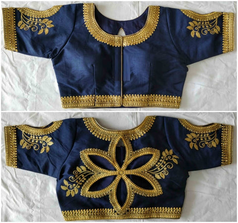 Wedding Wear Navy Blue Color Full Stitched Fantom Silk Zari Thread Embroidered Stone Cut Work Blouse