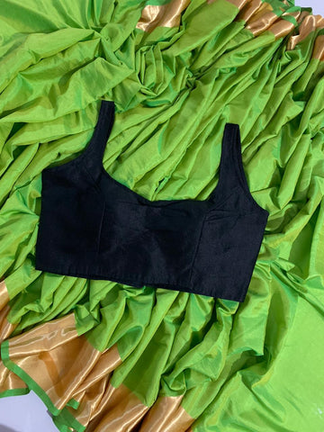 Green Color Sana Silk Zari Weaving Border Saree Designer Ready Made Blouse